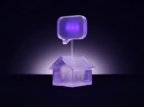 Casa de cristal conectada a un bocadillo de mensaje iluminado