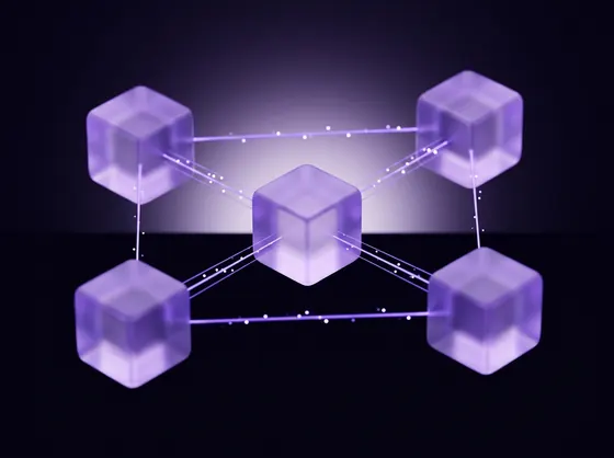 Nodos de cristal conectados por hilos de luz violeta, como un flujo de trabajo