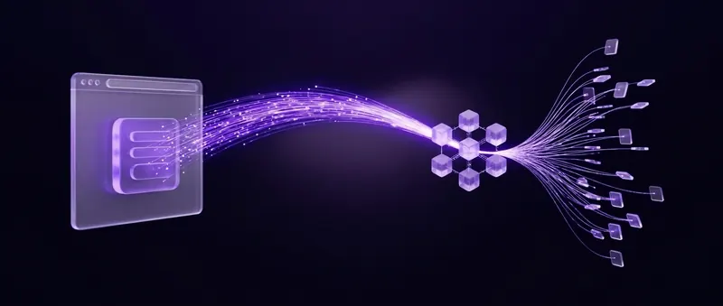 Un formulario web del que sale un haz de luz hacia un grupo de nodos que reparte la información